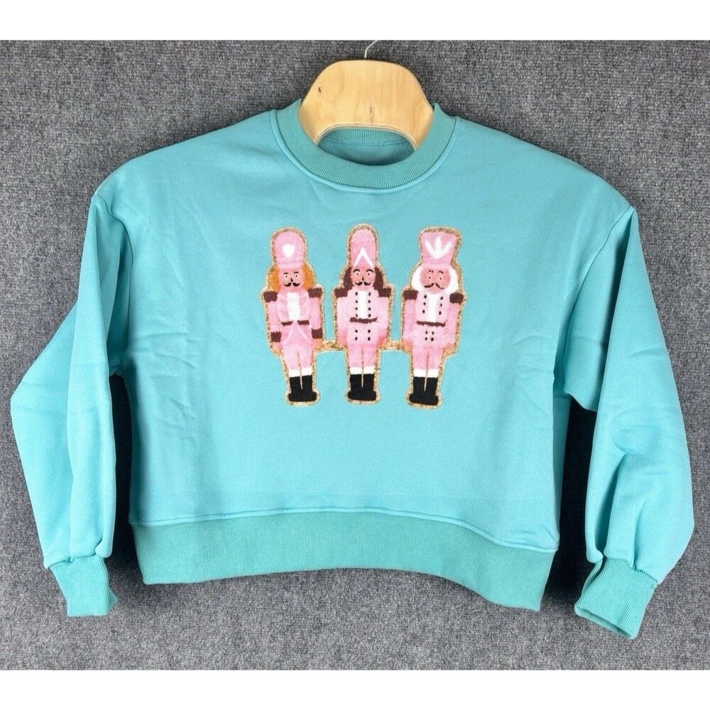 KMBANGI Womens S Pink Nutcracker Sweatshirt Turquoise Christmas Chenille NEW